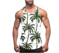 Men Muscle Tank Tops Summer Thin Strap Leakage Back Vests Hawaiian Printed Round Neck Vest Tops Casual Loose Comforty Fitness Tank Tops Classic Beach Holiday Running Vest Tops UK Size 8-20 Clearance