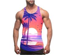 Men Muscle Tank Tops Summer Thin Strap Leakage Back Vests Hawaiian Printed Round Neck Vest Tops Casual Loose Comforty Fitness Tank Tops Classic Beach Holiday Running Vest Tops UK Size 8-20 Clearance
