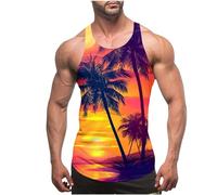 Men Muscle Tank Tops Summer Thin Strap Leakage Back Vests Hawaiian Printed Round Neck Vest Tops Casual Loose Comforty Fitness Tank Tops Classic Beach Holiday Running Vest Tops UK Size 8-20 Clearance