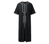 Men Muslim Robe Thobe Middle East Saudi Arabic Thobe 3/4 Sleeve V Neck Long Gown Thobe Dubai Kaftan Islamic Dress Prayer Clothing Black L