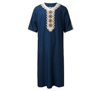 Men Muslim Robe Thobe Middle East Saudi Arabic Thobe 3/4 Sleeve V Neck Long Gown Thobe Dubai Kaftan Islamic Dress Prayer Clothing Dark Blue M