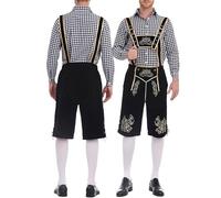 Men Oktoberfest Costume Lederhosen with Long Sleeve Checkered Shirt October Festival Costume Mens German Bavarian Oktoberfest Outfit Lederhosen with Braces Fancy Dress Cosplay