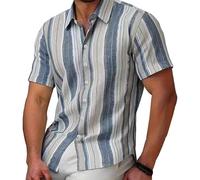 Men Outdoor Casual Beach Striped Shirt Jacket Short Sleeve Button Down Lapel Shirts Urban Style Breathable 3D Print Shirt Blue