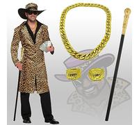 Men Pimp 70s Halloween Fancy Dress Costumes, Pimp Big Daddy Gangster Mafia Outfits Includes Leopard Jacket, Hat, Gold Chain, 2x Rings & Gold Cane