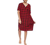 Men Plaid Flannel Nightshirt Pajamas Comfy Big&Tall V Neck Short Sleeve Nightgown Loose Pajama Sleep Shirt Dress Shirt (Red,3XL)