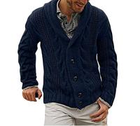 DAIHAN Men Plus Size Autumn Winter Shawl Neck Cardigan Single-Breasted Sweater Coat Chunky Cable Knit with Front Pockets Dark Blue M