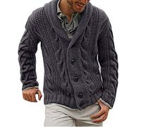 Men Plus Size Autumn Winter Shawl Neck Cardigan Single-breasted Sweater Coat Chunky Cable Knit with Front Pockets Dark grey S
