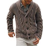 DAIHAN Men Plus Size Autumn Winter Shawl Neck Cardigan Single-breasted Sweater Coat Chunky Cable Knit with Front Pockets Brown XXL