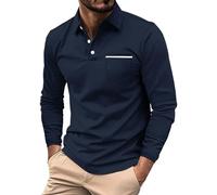 Men Polo Shirts - Long Sleeve Solid Color Button Up Shirt with Chest Pocket Lightweight Business Casual Stand Collar Shirts Stretchy Regular Fit Comfort Polo Shirt Classic Summer Breathable Tee Top
