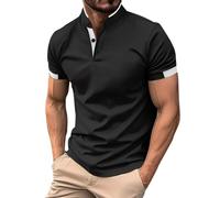 Men Polo Shirts Short-Sleeved, Men Standing Collar Solid Button-Down Henley Tshirt, Summer Slim Fit Stretchy Business Work T Shirt Tops, Male Casual Fashion Plain Pullover Tee Shirts Black
