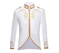 Men Prince Charming Costume Fashion Palace Prince Gold Embroidered Jacket Suit Court Uniform Cosplay Prince Dress up Medieval Royal Prince Outfit Steampunk Gothic Vintage Halloween Costume White L