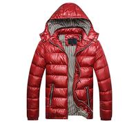 Men Puffer Jacket with Hood Ultra Lightweight Packable Quilted Hooded Bubble Down Jackets Winter Insulated Thick Outwear(Red,Large)