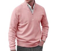 Men Quarter Zip Jumper Chunky Fisherman Jumper Stand Collar Winter Pullover Thick Warm Long Sleeve Sweater Classic Wool Jumpers Solid Color Cotton Jumper Golf Sweater Casual Work Jumpers Pink