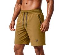 Men Quick Dry Sports Shorts with Multiple Zipper Pockets Breathable Sweat Wicking Laser Splicing Design Lightweight Stretch for Running Gym Training Outdoor Active Shorts Camel Yellow L