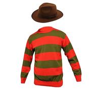 Men Red Green Stripe Knitted Jumper Explorer Hat Freddy Krueger Style Halloween Fancy Dress Costume Set (XX-Large)