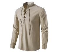 Men Retro Cotton Lace Up Shirt Medieval Costume Tops for Pirate Renaissance Halloween Cosplay Viking Tunic Steampunk Vampire Gothic Victorian Clothes-A275-Khaki-S