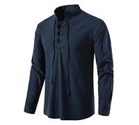 Men Retro Cotton Lace Up Shirt Medieval Costume Tops for Pirate Renaissance Halloween Cosplay Viking Tunic Steampunk Vampire Gothic Victorian Clothes-A275-Dark Blue-M