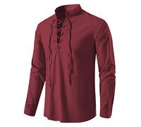 Men Retro Cotton Lace Up Shirt Medieval Costume Tops for Pirate Renaissance Halloween Cosplay Viking Tunic Steampunk Vampire Gothic Victorian Clothes-A275-Wine Red-L