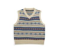 Men Retro Striped Knit Vest Spring Autumn Loose Stacked Sleeveless Sweater Coat Unisex Preppy Ethnic Stripe V-Neck Top Khaki