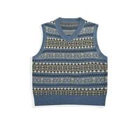 Men Retro Striped Knit Vest Spring Autumn Loose Stacked Sleeveless Sweater Coat Unisex Preppy Ethnic Stripe V-Neck Top Blue
