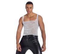 Men Rhinestone Tank Top Sparkle Crop Top See Through Fishnet Tank Shiny Sleeveless Shirt Vest Nightclub Disco Vest Rave Party Clubwear (UK, Alpha, XL, Regular, Regular, White)