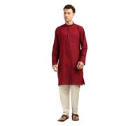 Men’s 100% Cotton Kurta Pajama Set | Solid Long Kurta with White Pajama Pants | Indian Traditional Ethnic Outfit for Wedding, Party & Festival, Wine, Medium