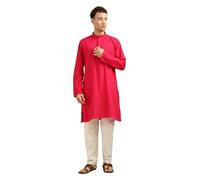 Men’s 100% Cotton Kurta Pajama Set | Solid Long Kurta with White Pajama Pants | Indian Traditional Ethnic Outfit for Wedding, Party & Festival, Rani Pink, Medium