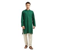 Men’s 100% Cotton Kurta Pajama Set | Solid Long Kurta with White Pajama Pants | Indian Traditional Ethnic Outfit for Wedding, Party & Festival, Bottle Green, Medium