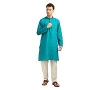 Men’s 100% Cotton Kurta Pajama Set | Solid Long Kurta with White Pajama Pants | Indian Traditional Ethnic Outfit for Wedding, Party & Festival, Teal Green, Large