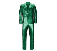 Men’s 2 Pieces Disco Costume Jacket Pants Outfit Set Adult 70s Shiny Metallic Sequin Halloween Cosplay Party Suit, Green, L