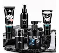 Men’s 5-in-1 Skincare Set,Gentle Cleanse & Moisture for Face, Beard & Shave | Men’s Christmas Skincare Set, Cleanser, Serum, Cream, Hair Removal & Shave - Gift for Father’s Day, Valentine’s & Christmas
