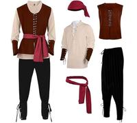 Men’s 5 PCS Pirate Costume Set - Medieval Renaissance Buccaneer Outfit with Lace-Up Shirt, Striped Trousers, Waist Belt and Headscarf - Classic Fancy Dress for Halloween Party Brown