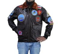 Men’s Airforce Removable Fur Vintage Brown Leather Jacket, USAAF Patches Real Leather Jacket, B3 WW2 Navy Pilot Bomber Jacket(L)