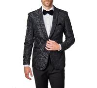 Men’s Black Floral Foliage Jacquard Jacket Tailored Fit Velvet Shawl Lapel Blazer [BLZ-311-BLACK-48]