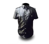 Men’s Black Genuine Leather Police-Style Uniform Shirt - Half Sleeve, Bold & Rugged Fit - Premium Biker & Officer Look (UK, Alpha, L, Regular, Regular, Standard, Black)