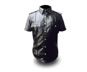 Men’s Black Genuine Leather Police-Style Uniform Shirt - Half Sleeve, Bold & Rugged Fit - Premium Biker & Officer Look (UK, Alpha, XXL, Regular, Regular, Standard, Black)