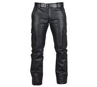 Men’s Black Leather Cargo Trousers with Belt, Real Cowhide Biker Style Pants, Straight Fit Utility Pocket Design, For Motorcycle Touring or Vintage Leatherwear Shows