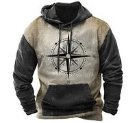 Men’s Compass Print Hoodie with Vintage Washed Look, Outdoor Pullover Sweatshirt with Drawstring Hood and Kangaroo Pocket, Grey and Black Explorer Top for Autumn Hiking, Weekend Vanlife, Travel Lodge