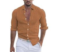 Men’s Cotton Linen Lapel Beach Shirt Long Sleeve Solid Color Summer Casual Basic Top Brown XL