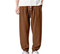 Men’s Cotton Linen Pants Exercise Pants Athletic Lounge Pants Loose Male Sweat Pants with Pockets Mens Slacks Casual Comfort Fit Work Joggers Lightweight Summer Trousers Beach Leisure Trousers Brown