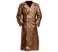 Men’s Double Breasted Leather Trench Coat Military Uniform Full-Length Overcoat Vintage Motorcycle Long Jakcet, Brown, 3XL