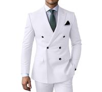 Men’s Double Breasted Suit Slim Fit 3 Piece Suit Peak Lapel Solid Blazer Jacket Vest Pant Tuxedo Set for Wedding Business, White, XL