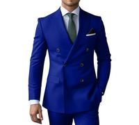Men’s Double Breasted Suit Slim Fit 3 Piece Suit Peak Lapel Solid Blazer Jacket Vest Pant Tuxedo Set for Wedding Business, Royal Blue, S