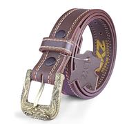 Men’s Double-Stitched Genuine Leather Belt - 100% Real Cowhide | Heavy-Duty Vintage Style with Dragon Brass Buckle | Black, Brown & Tan | Gift Box Optional (Brown without Box, 30-32-34)