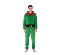 Men’s Elf Fleece Onesie - Christmas All-in-One Pyjama Suit with Hood & Pom Pom - Soft Cosy Fabric - Festive Elf Design with Belt Print - Zip Up - M to XL - Perfect for Xmas Loungewear or Gifting