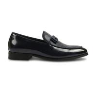 Men’s Formal Dress Loafers Patent PU Leather Textured Front Iconic Buckle Bow Modern Slip-On Shoes - Navy 12