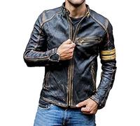 Men’s Genuine Lambskin Leather Biker Jacket-Motorcycle Distressed Leather Jacket-Cafe Racer Jacket-Slim Fit Jacket (Golden Stripe, XL)