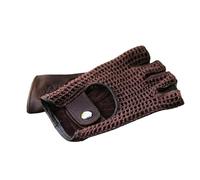 Men’s Genuine Leather Half-Finger Driving Gloves with Crochet Knit Top - Breathable Vintage Style Grip Gloves for Cycling, Riding (Brown, XXL)