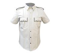 Men’s Genuine White Leather Shirt - Customizable Fit, Real Cowhide Snap Button Design (UK, Alpha, 5XL, Regular, Regular, Standard, White with Black Piping)
