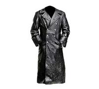 Men’s German Classic Officer WW2 Vintage Military Uniform Black Leather Trench Long Coat for Men